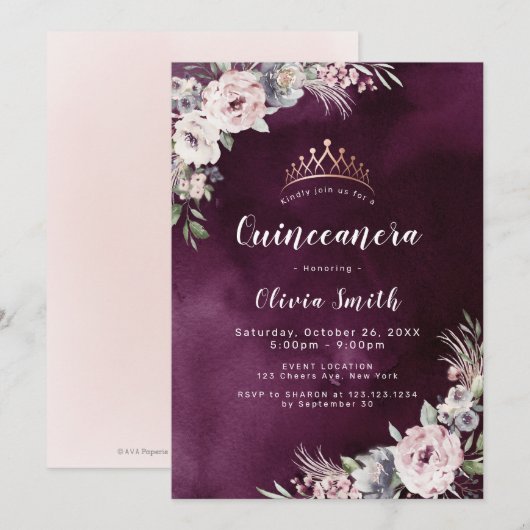 Plum paarse & stoffige roze boho floral Quinceaner Kaart (Voorkant / Achterkant)
