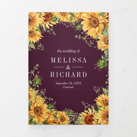 Plum Paarse Sunflower Mason Jar QR Code Weddenscha Drieluik Uitnodiging (Cover)