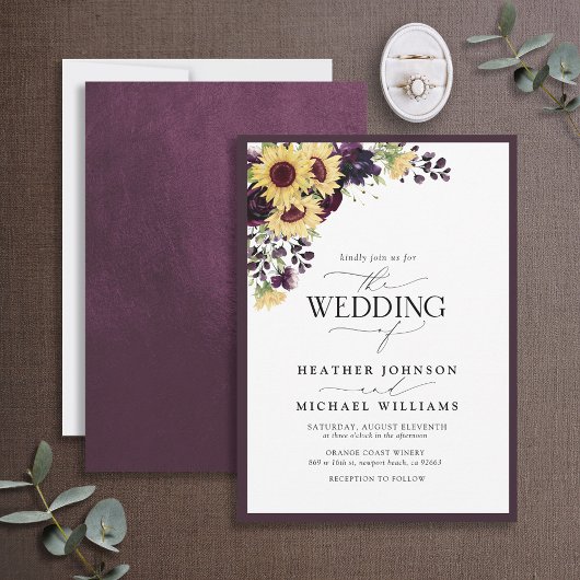 Plum Paarse Sunflower Waterverf Script Weddenschap Kaart