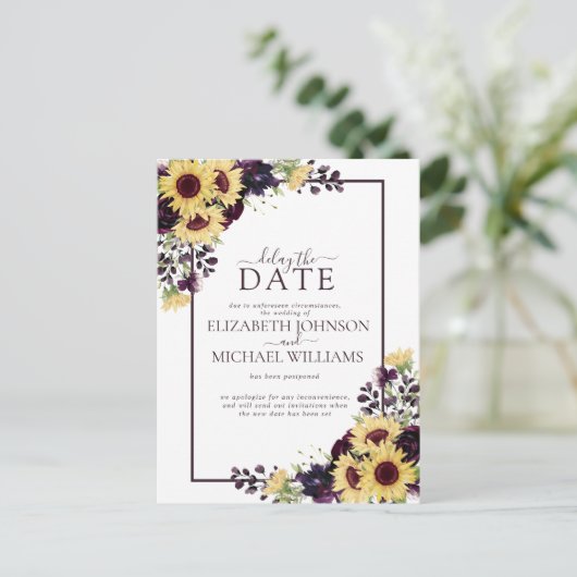 Plum Paarse Sunflower Waterverf Vertraging Datum Feestdagenkaart (Staand voorkant)