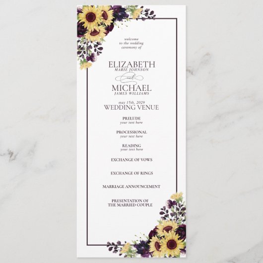 Plum Paarse Sunflower Waterverf Wedding Programmakaart (Voorkant)