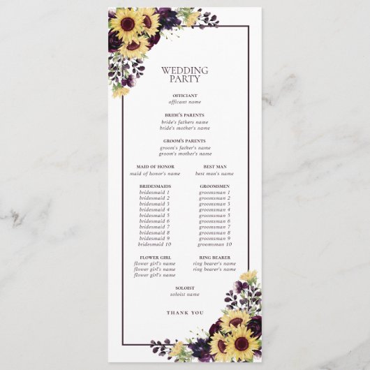 Plum Paarse Sunflower Waterverf Wedding Programmakaart (Achterkant)