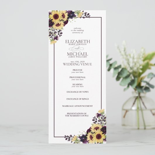Plum Paarse Sunflower Waterverf Wedding Programmakaart (Staand voorkant)