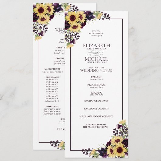 Plum Paarse Sunflower Waterverf Wedding Programmakaart (Voorkant / Achterkant)