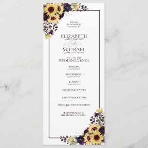 Plum Paarse Sunflower Waterverf Wedding Programmakaart