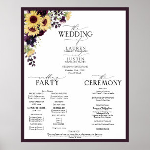 Plum Paarse Sunflower Waterverf Wedding Programme Poster