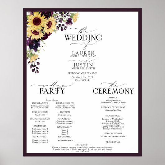 Plum Paarse Sunflower Waterverf Wedding Programme Poster (Voorkant)