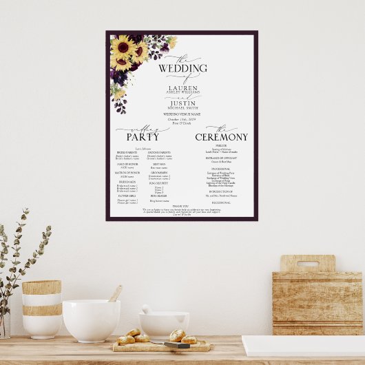 Plum Paarse Sunflower Waterverf Wedding Programme Poster (Keuken)