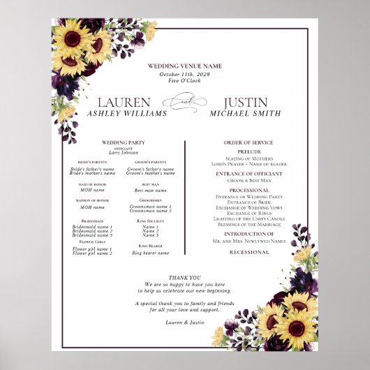 Plum Paarse Sunflower Waterverf Wedding Programme Poster (Voorkant)