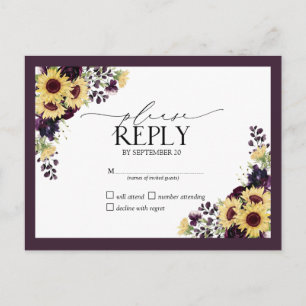 Plum Paarse Sunflower Waterverf Wedding RSVP Uitnodiging Briefkaart