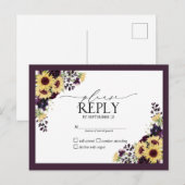 Plum Paarse Sunflower Waterverf Wedding RSVP Uitnodiging Briefkaart (Voorkant / Achterkant)