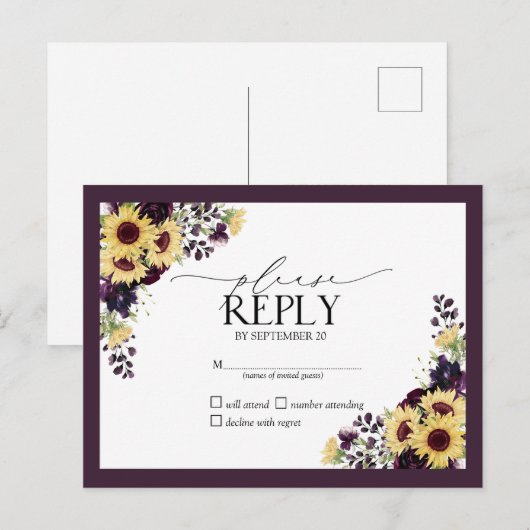 Plum Paarse Sunflower Waterverf Wedding RSVP Uitnodiging Briefkaart (Voorkant / Achterkant)