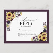 Plum Paarse Sunflower Waterverf Wedding RSVP Uitnodiging Briefkaart (Voorkant)