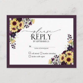 Plum Paarse Sunflower Waterverf Wedding RSVP Uitnodiging Briefkaart