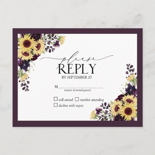 Plum Paarse Sunflower Waterverf Wedding RSVP Uitnodiging Briefkaart (Voorkant)