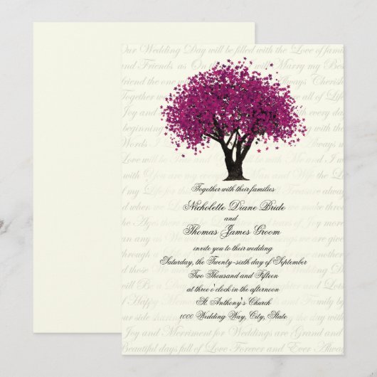 Plum Paarse Tree Dancing Blooms Wedding Kaart (Voorkant / Achterkant)