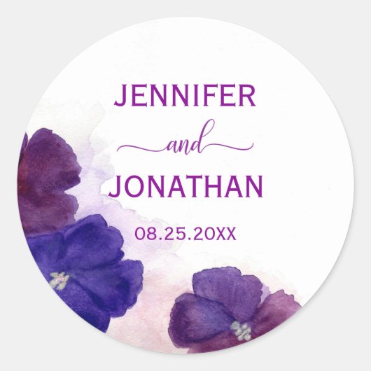 Plum Paarse Violet Bloemen Waterverf BRUILOFT Ronde Sticker (Voorkant)