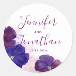 Plum Paarse Violet Bloemen Waterverf BRUILOFT Ronde Sticker