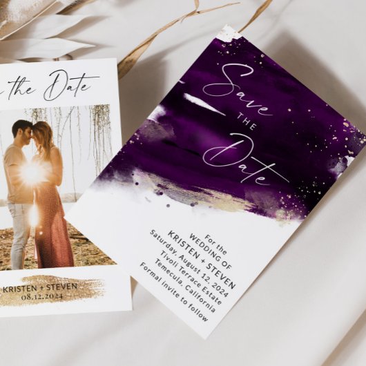 Plum Paarse Waterverf Bewaar de datum Kaart