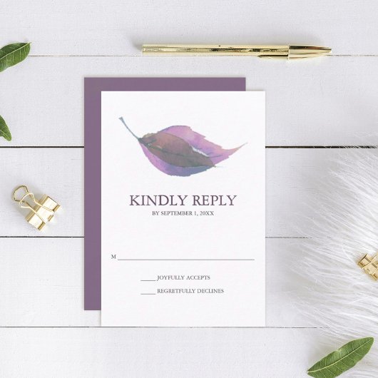 Plum Paarse Waterverf Herfst Leaf Wedding RSVP Kaartje
