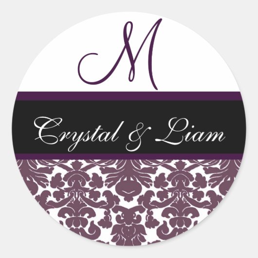 PLUM PAARSE & WITTE Damask Bruiloft Monogram Label (Voorkant)