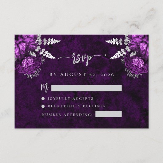 Plum Paarse Zilveren Bloemen Script Wedding RSVP Informatiekaartje (Voorkant)