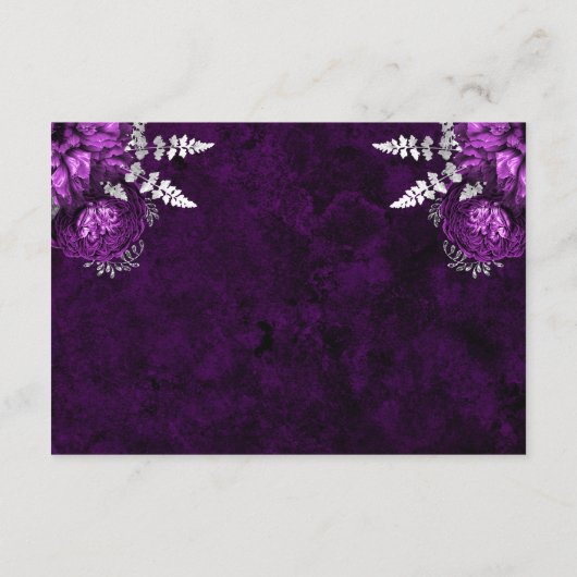 Plum Paarse Zilveren Bloemen Script Wedding RSVP Informatiekaartje (Achterkant)