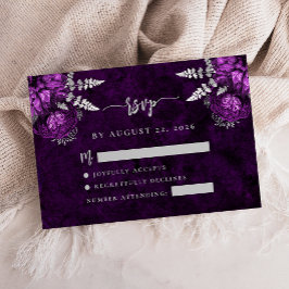 Plum Paarse Zilveren Bloemen Script Wedding RSVP Informatiekaartje