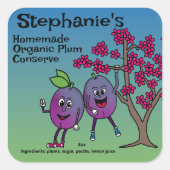 Plum Pals Funny Cartoon Behoudt Tart en meer Vierkante Sticker (Voorkant)