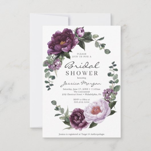 Plum Peonies Bridal Shower Invitation Card Kaart (Voorkant)