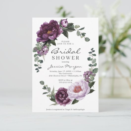 Plum Peonies Bridal Shower Invitation Card Kaart (Staand voorkant)