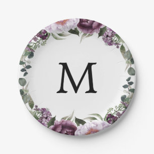 Plum Peonies Monogram Vrijgezellenfeest Papier Bor Papieren Bordje