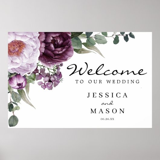 Plum Peonies Paars Floral Wedal Welcome Sign Poster (Voorkant)