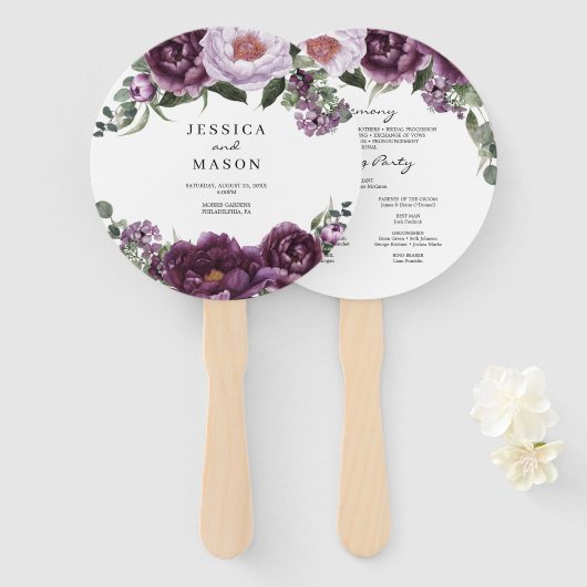 Plum Peonies Romantic Wedding Programme Fan Handwaaier (Voorkant en achterkant)