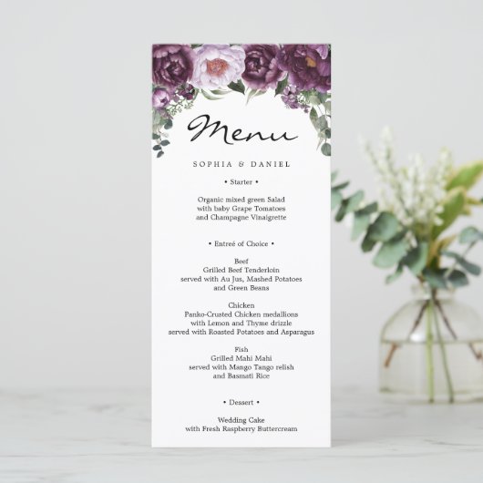 Plum Peonies Wedding Menu Vrijgezellenfeest Menu (Staand voorkant)
