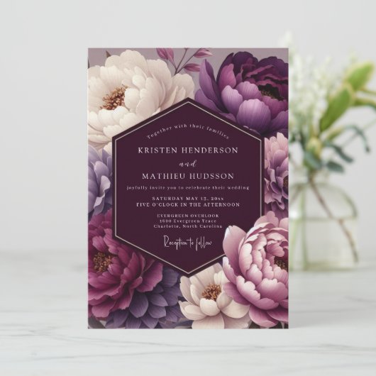 Plum Peony Wedding Kaart (Staand voorkant)