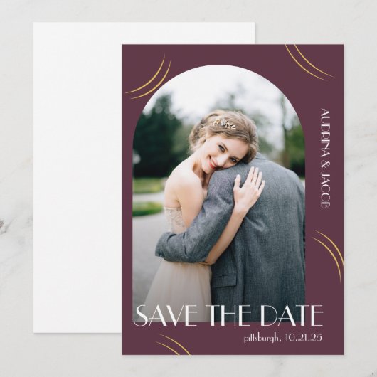 Plum Photo Big Typography Wedding Save The Date (Voorkant / Achterkant)