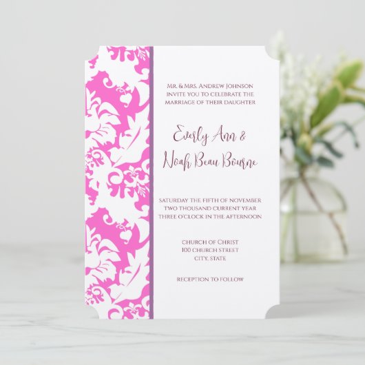 Plum & Pink Damask Wedding Invitations Kaart (Staand voorkant)