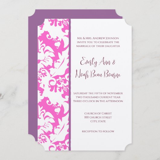 Plum & Pink Damask Wedding Invitations Kaart (Voorkant / Achterkant)