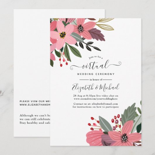 Plum Pink en Gold Floral Online Virtual Wedding Kaart (Voorkant / Achterkant)