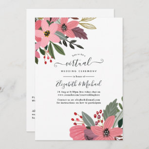 Plum Pink en Gold Floral Online Virtual Wedding Kaart