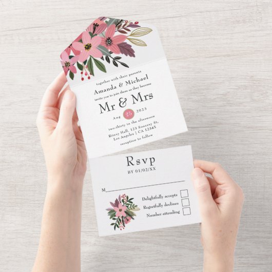 Plum Pink en Gold Floral Wedding All In One Uitnodiging (Afscheurbaar)