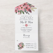 Plum Pink en Gold Floral Wedding All In One Uitnodiging (Binnen)