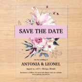 Plum Pink Floral Wedding Sla de datum op Acryl Uitnodigingen (Voorkant)