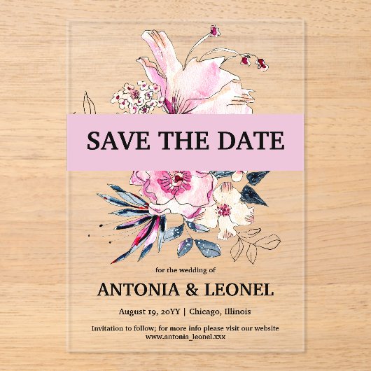 Plum Pink Floral Wedding Sla de datum op Acryl Uitnodigingen (Voorkant)