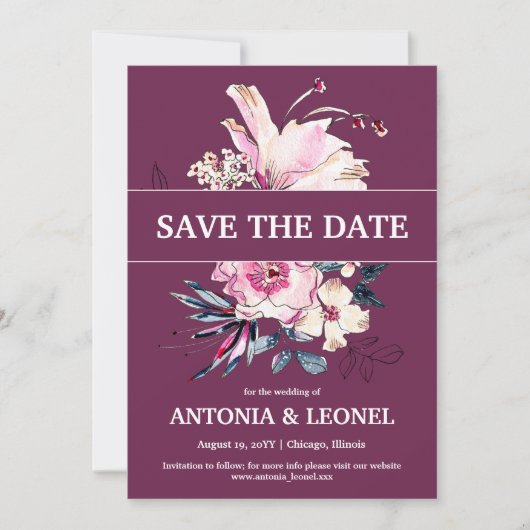 Plum Pink Floral Wedding Sla de datum op Save The Date (Voorkant)