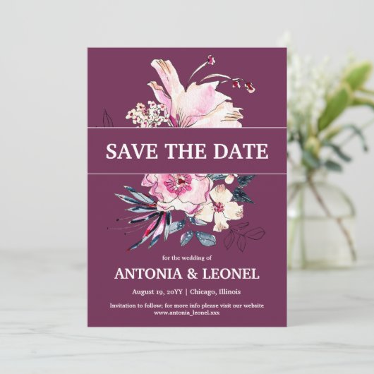 Plum Pink Floral Wedding Sla de datum op Save The Date (Staand voorkant)
