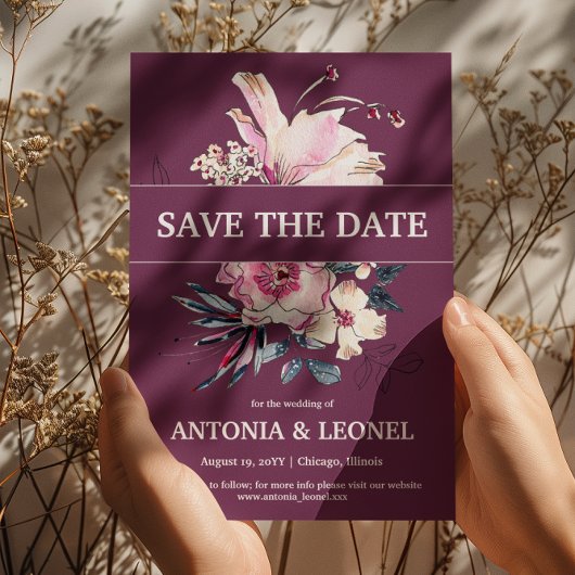 Plum Pink Floral Wedding Sla de datum op Save The Date