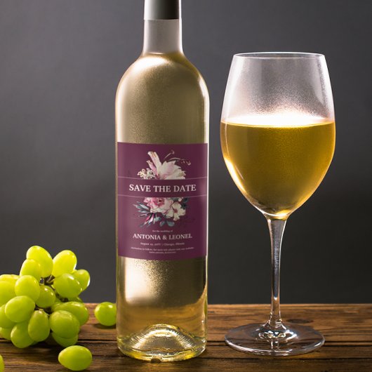 Plum Pink Floral Wedding Sla de datum op Wijn Etiket