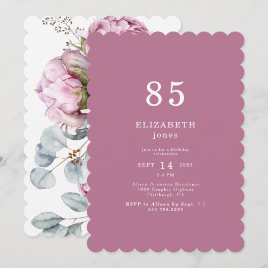 Plum Pink Peonies 85ste verjaardag Uitnodiging (Voorkant / Achterkant)